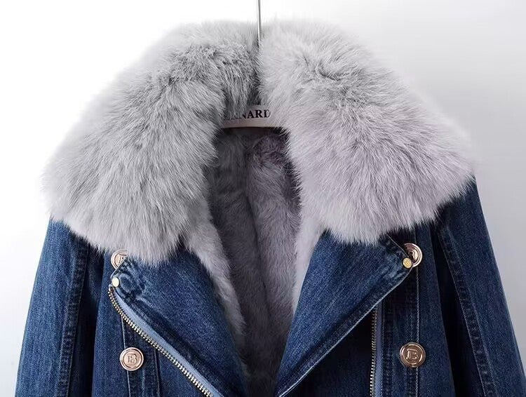 Winter Detachable Fox Fur Denim Jacket Coats for Women