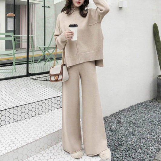 Casual Turnover Collar Two Pieces Knitted Suits for Women