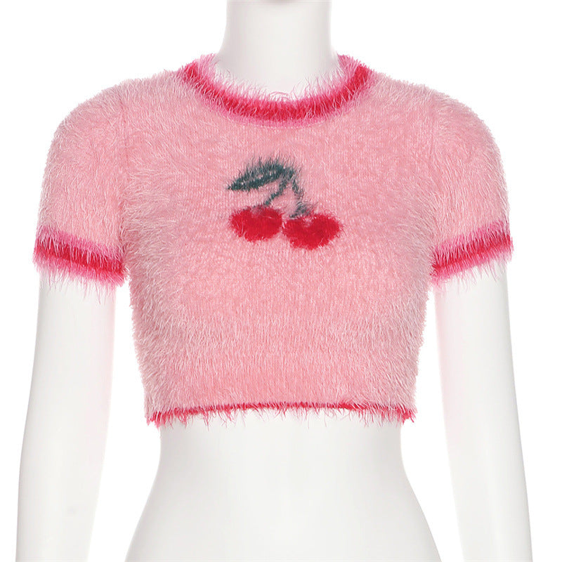 Fashion Cherry Design Midriff Baring Woven T  Shirts