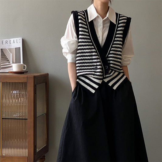 Vintage Designed Striped Knitted Top Vest