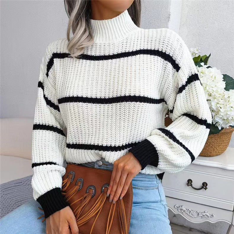 Fashion Striped High Neck Knitted Pullover Sweaters