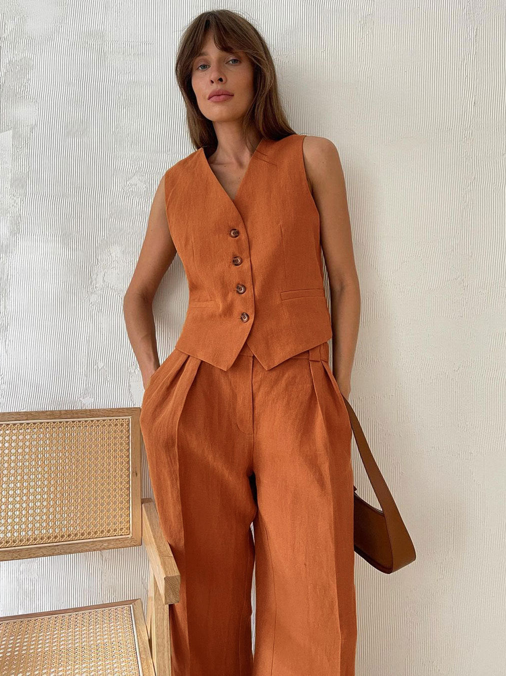 Casual Sleeveless Vest & Wide Legs Pants Two Pieces Sets