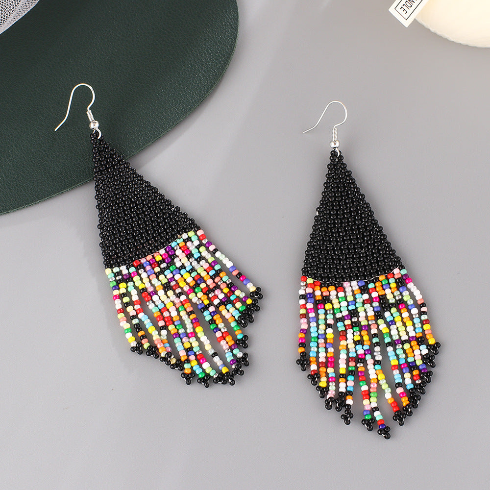 Ethnic Colored Rice Bead Earrings Femininity Bohemian Hand-woven Long Fringed Earrings