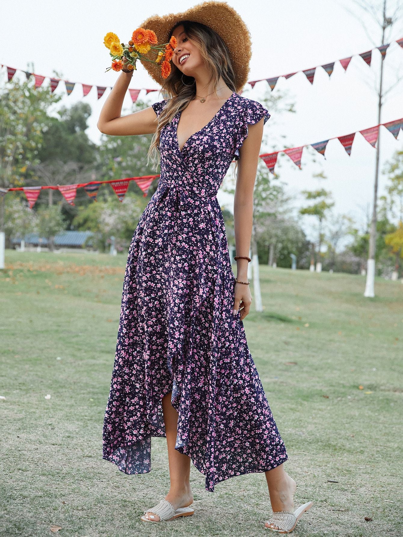 Bohemian V Neck Summer Vacation Long Dresses