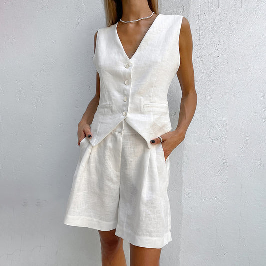 Designed Linen Cotton Summer Sleeveless Tops and Shorts Sets