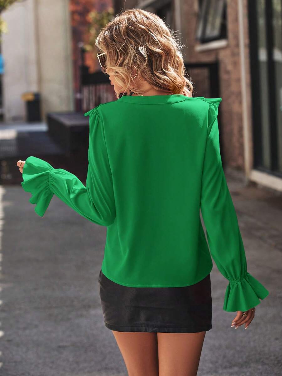 Elegant V Neck Ruffled Long Sleeves Shirts