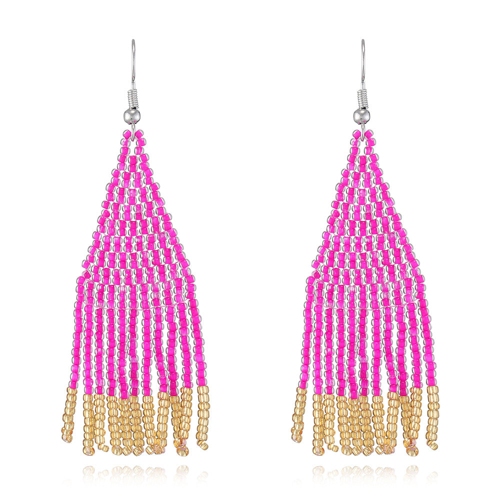 Original Ins Ethnic Handmade Fringed Earrings Bohemian Colored Rice Bead Earrings, Earrings for Women