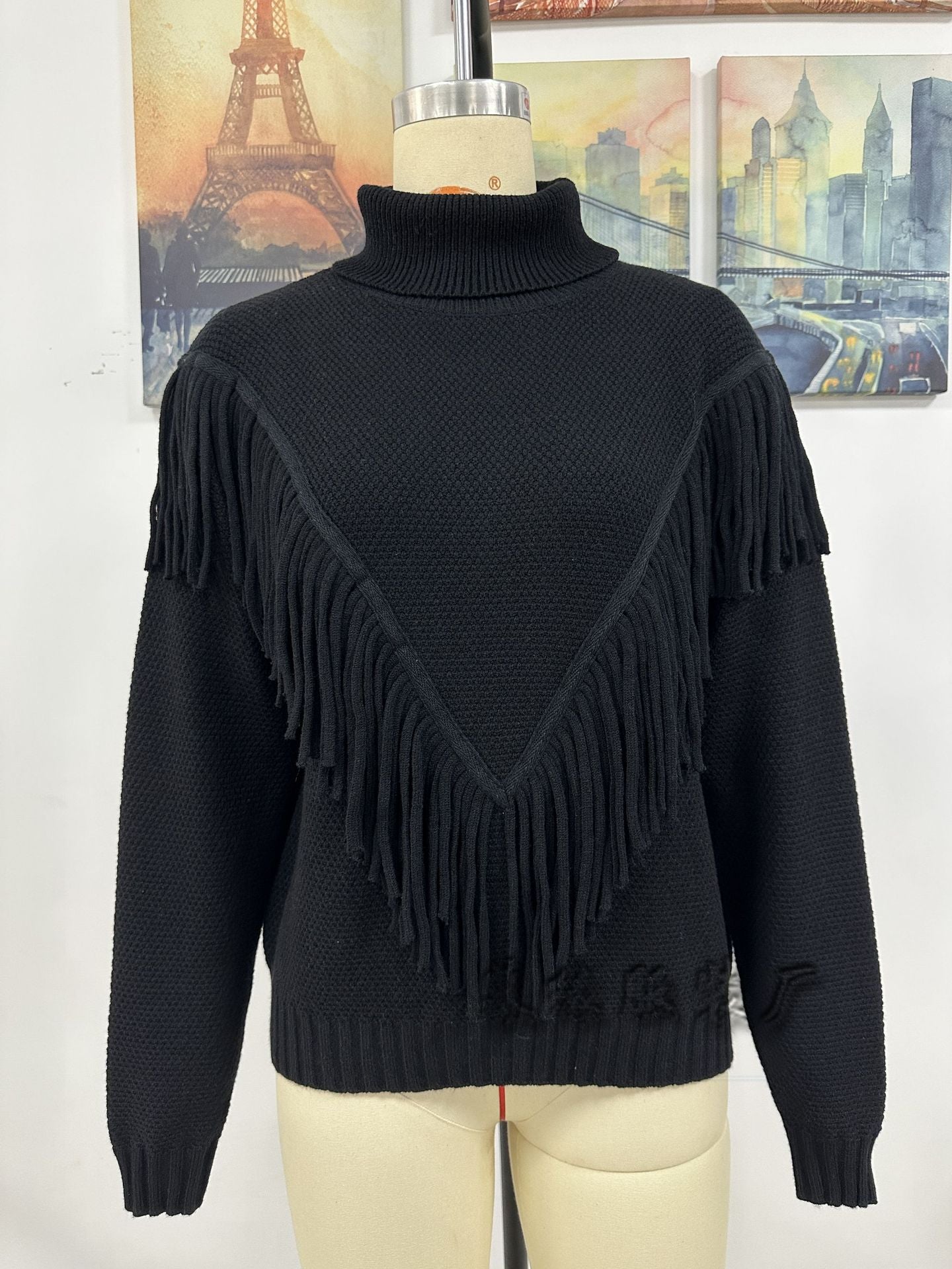 Fashion Tassels Knitted Turtle Neck Sweaters for Women