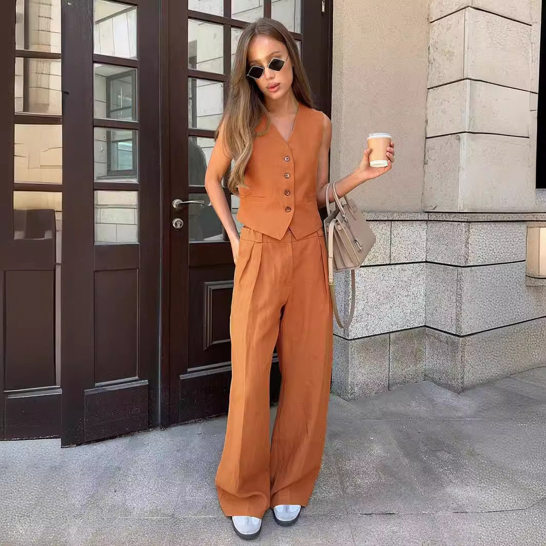 Casual Sleeveless Vest & Wide Legs Pants Two Pieces Sets