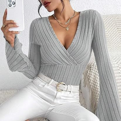 Fashion V Neck Knitted Long Sleeves T Shirts