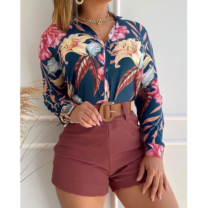 Casual Summer Stand Collar Long Sleeves Shirts and Shorts Without Belt