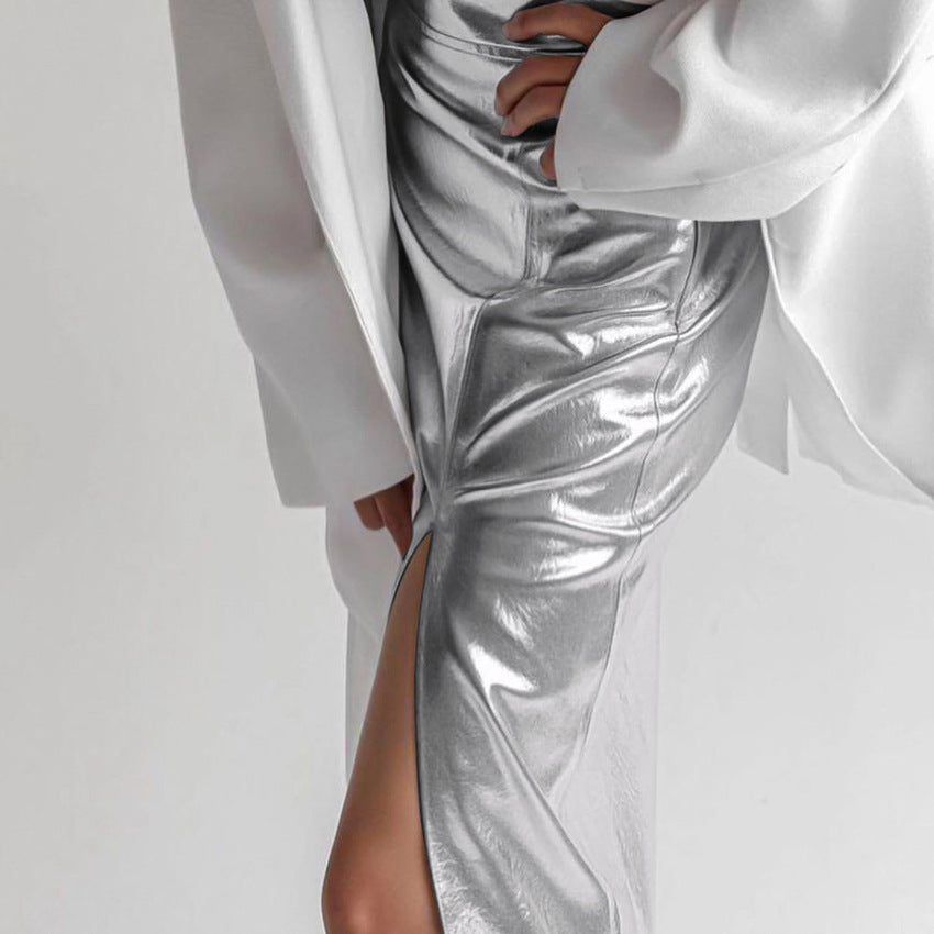 Designed Pu High Waist Sexy Silver Skirts