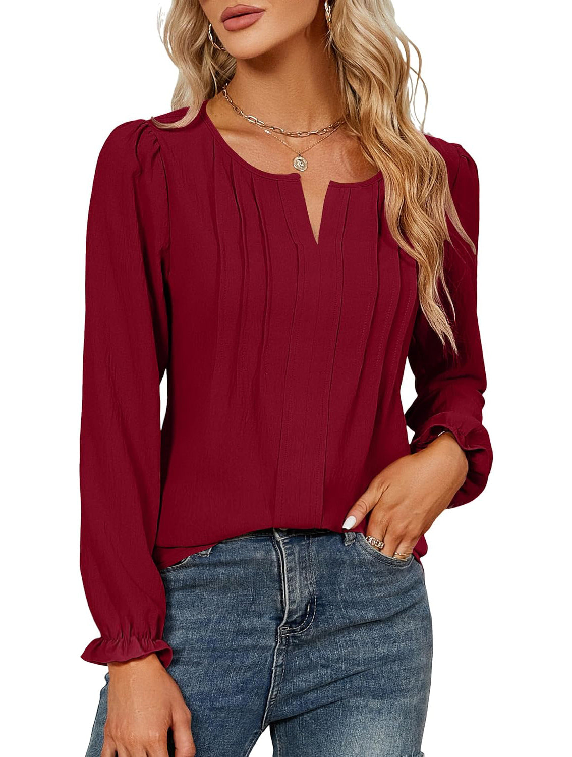 Casual Chiffon Summer V Neck Long Sleeves Blouses