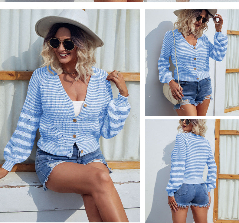 Casual Fall Knitted Striped Cardigan Coats for Women
