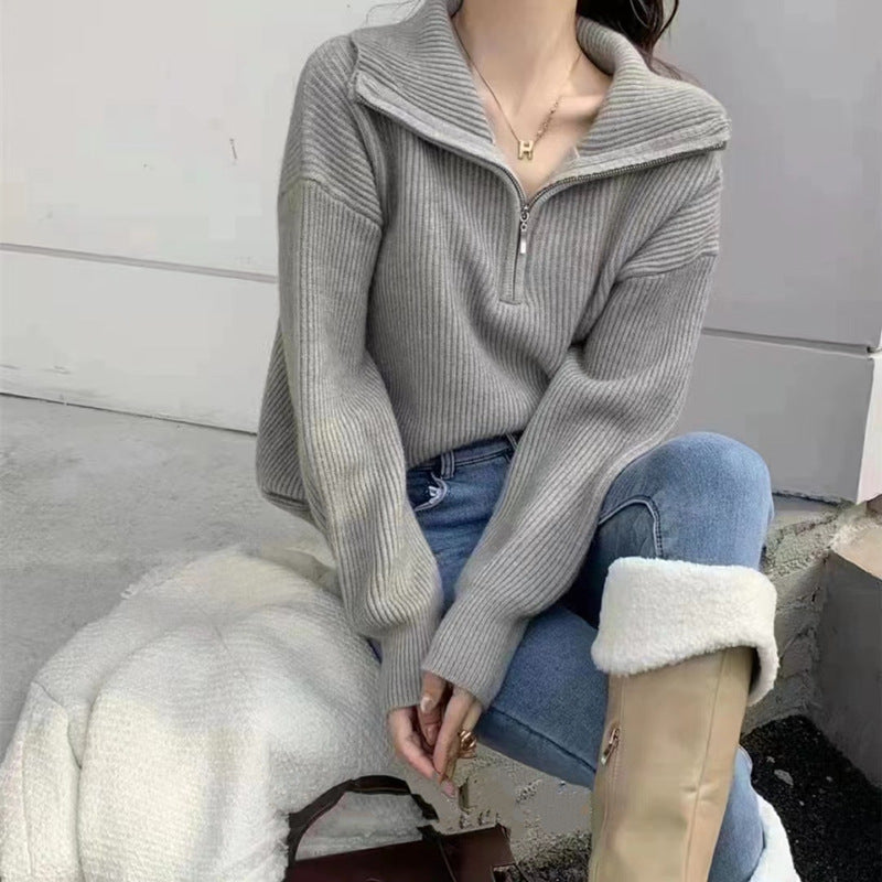 Casual Turnover Zipper Pullover Women Sweaters