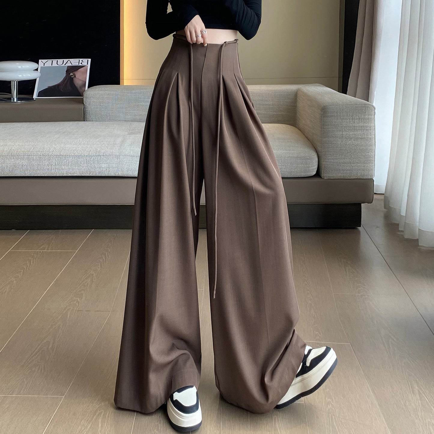 Designed High Waist Wide Legs Straight Pants