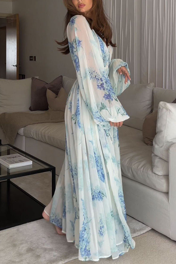 Casual Chiffon V Neck Drawstring Long Sleeves Dresses