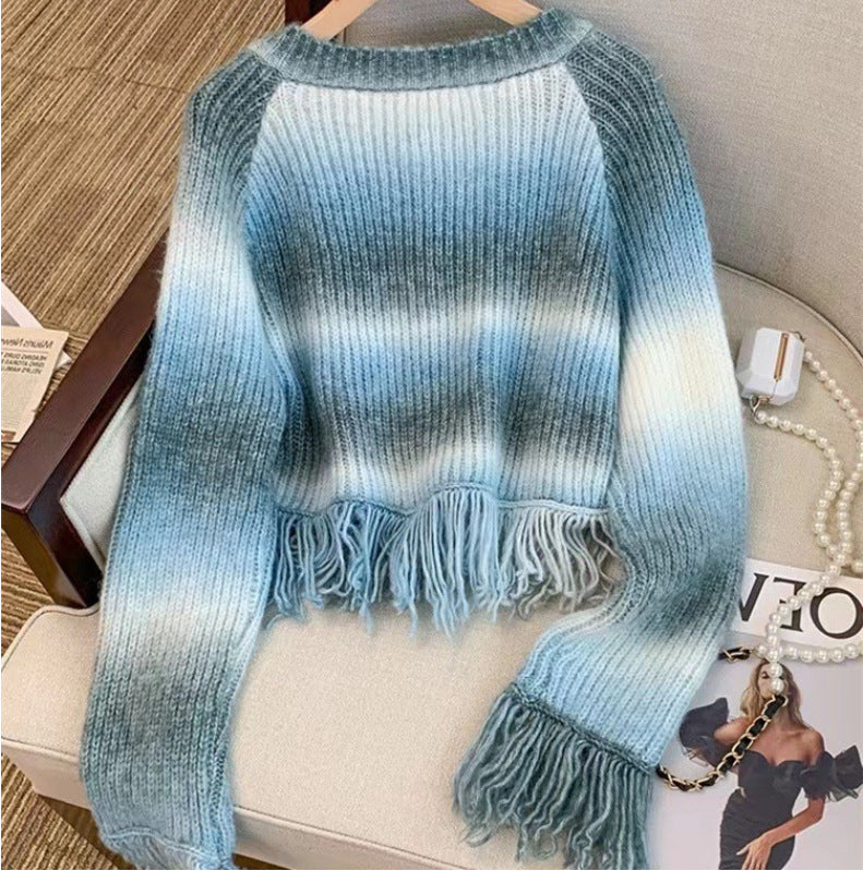 Designed Gradient Color Tassels Long Sleeves Sweaters