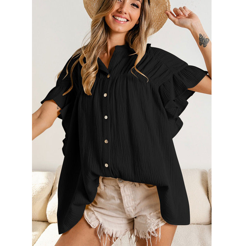 Fashion Stand Collar Ruffled Short Sleeves Shirts