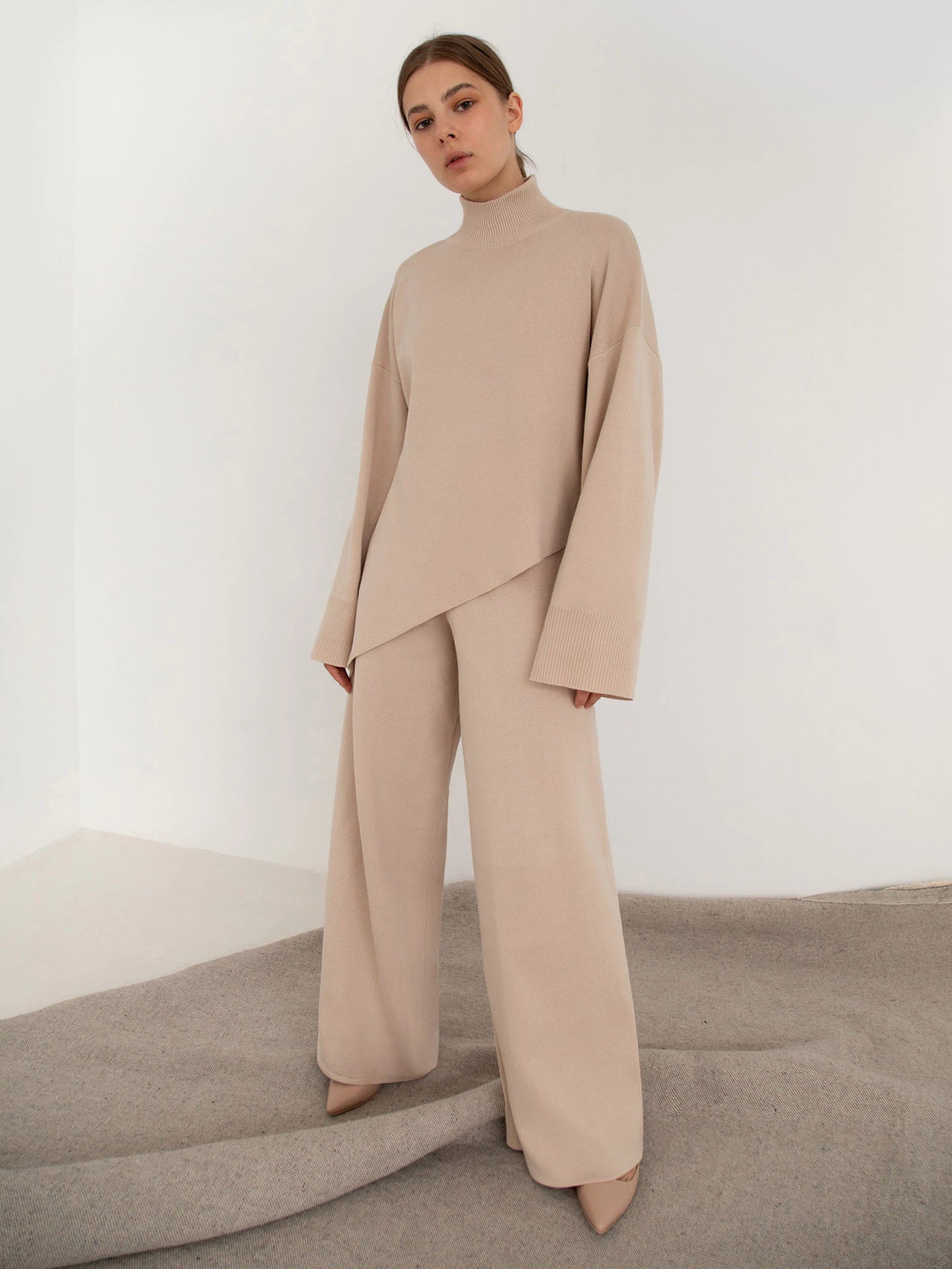 Casual Irregular Pullover Sweaters and Wide Legs Pants Outfits Sets