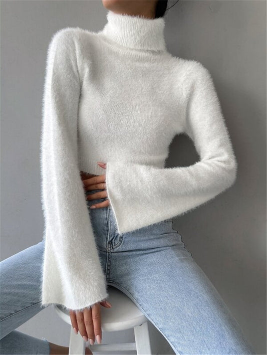 Casual High Neck Midriff Short Sweaters