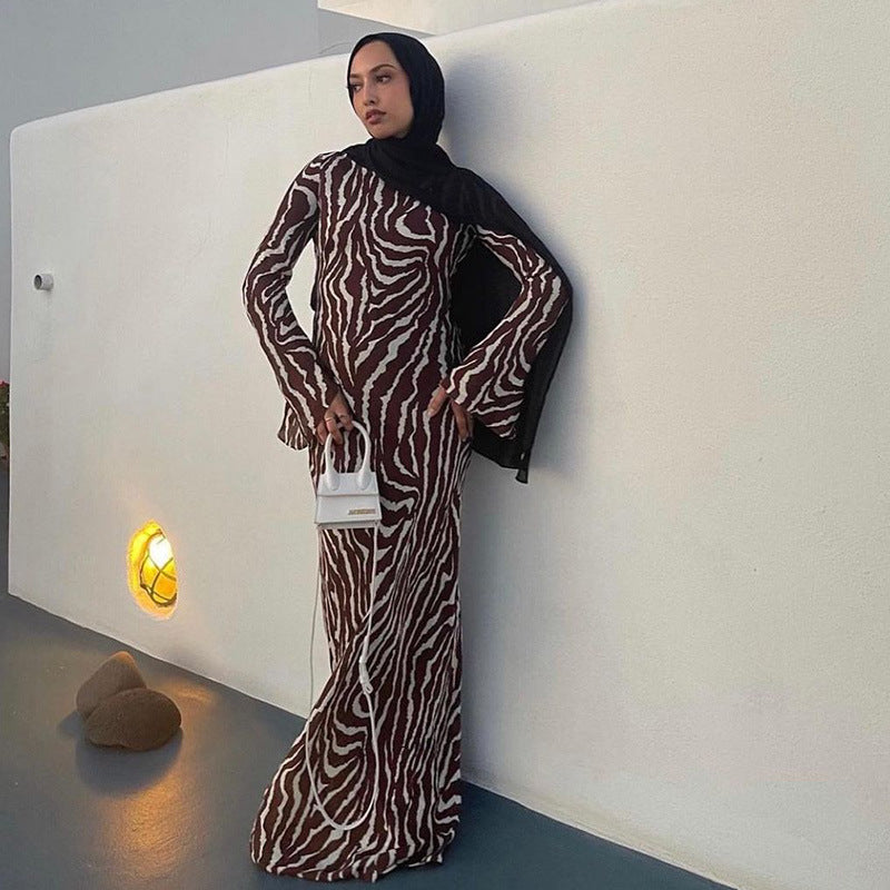 Long-sleeved Long Dress Cross-border Leopard Print Women's Long Dresses