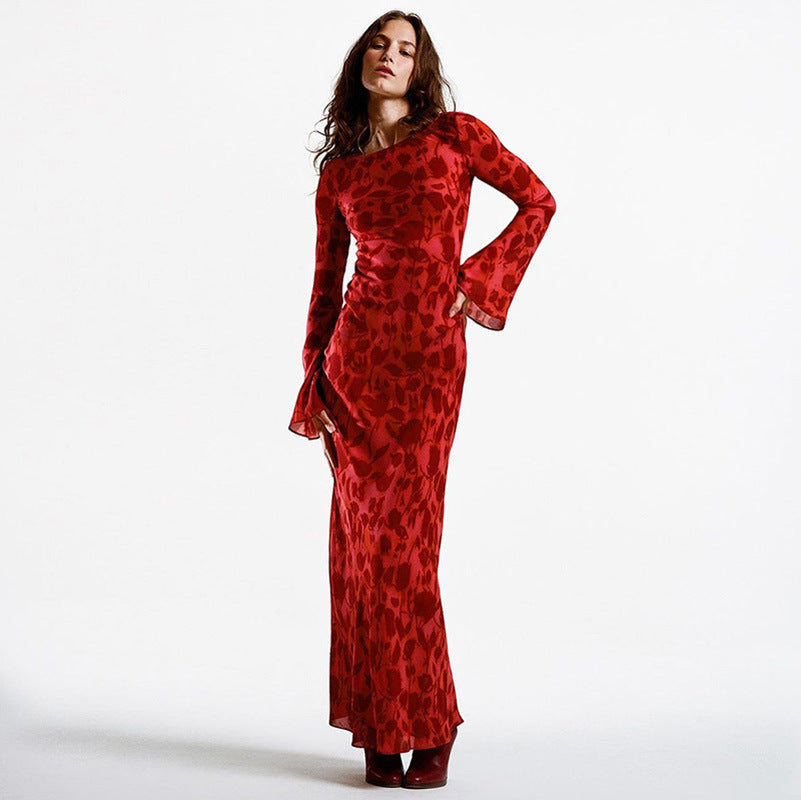 Long-sleeved Long Dress Cross-border Leopard Print Women's Long Dresses