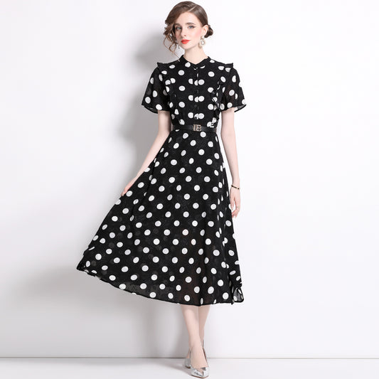 Elegant Polk Dot Short Sleeves Midi Length Dresses