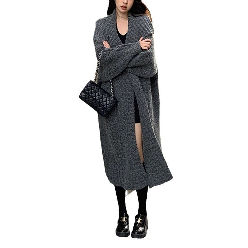 Vintage Turnover Collar Long Knitted Coats
