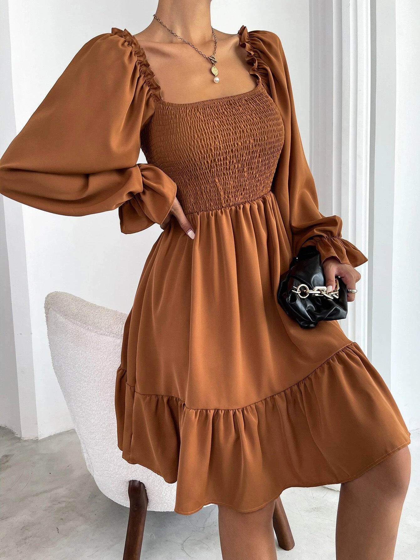 Elegant Square Neckline Long Sleeves Short Dresses