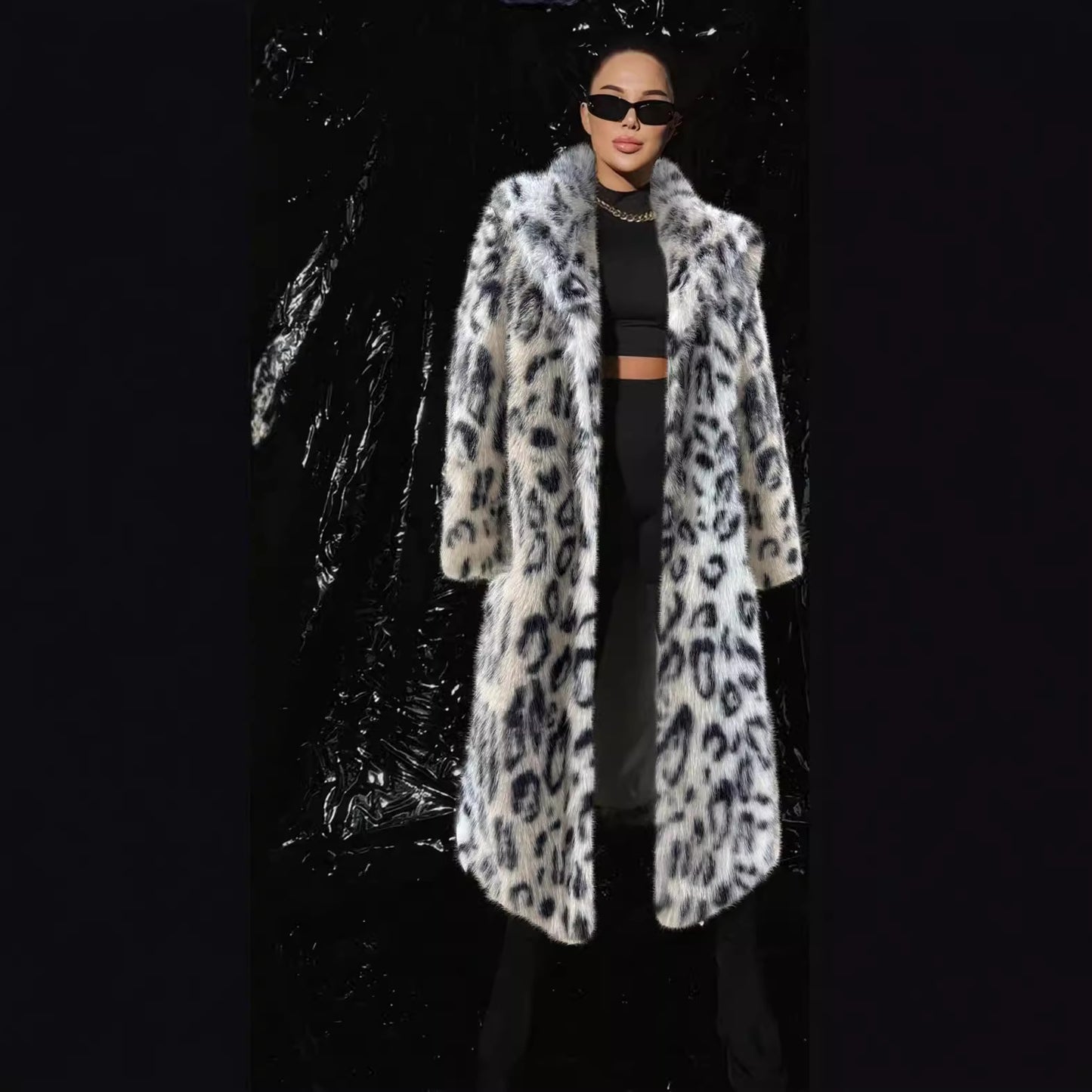 Designed Leopard Faux Fox Fur Overcoats for Women