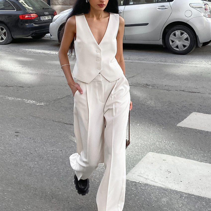 Summer White Sleeveless Vest & Long Pants Two Pieces Suits