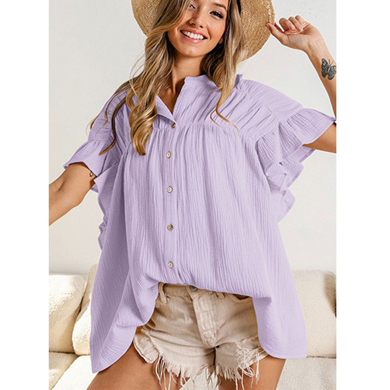 Fashion Stand Collar Ruffled Short Sleeves Shirts