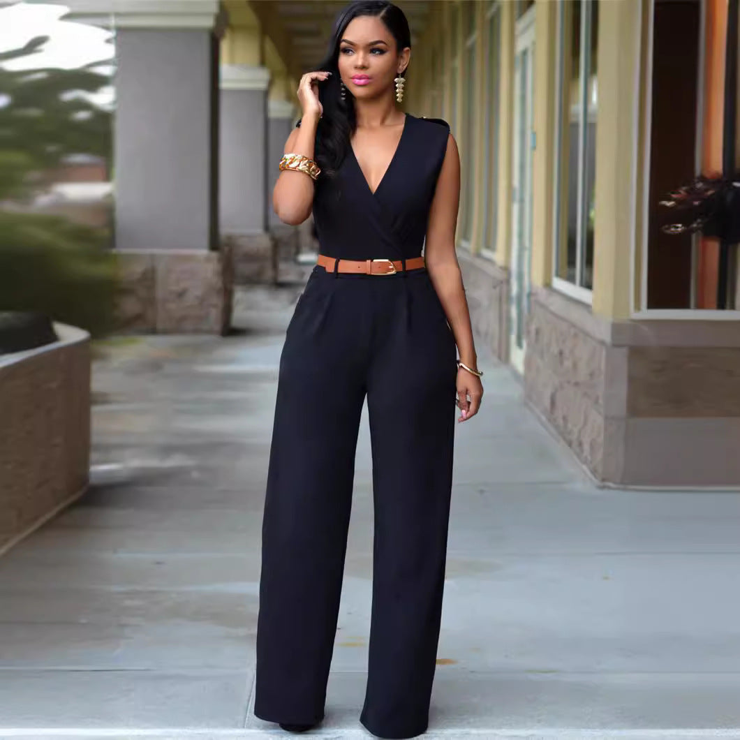 Fashion V Neck High Waist Irregular Wide Legs Jumpsuits