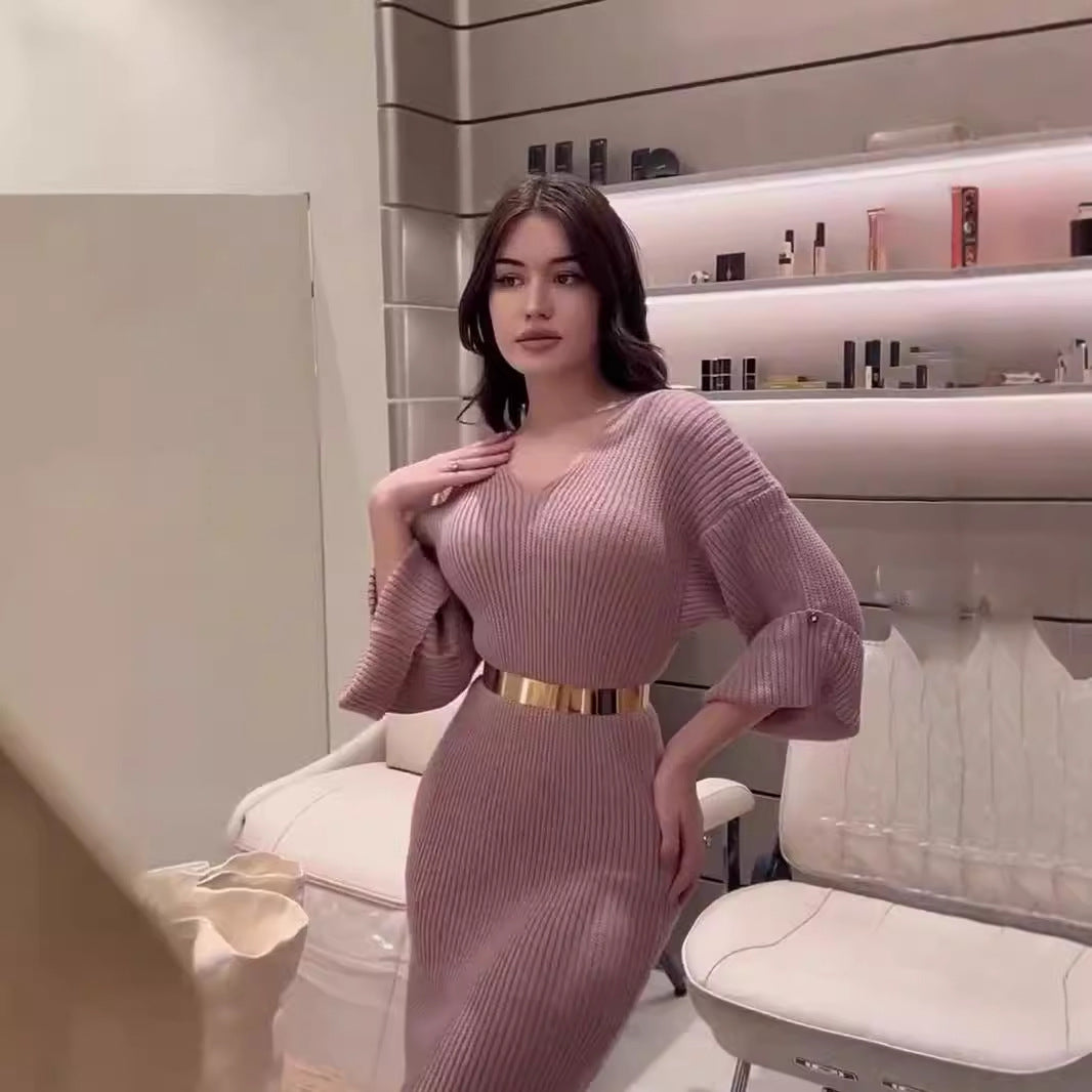 Sexy V Neck Winter Long Knitted Pullover Dresses