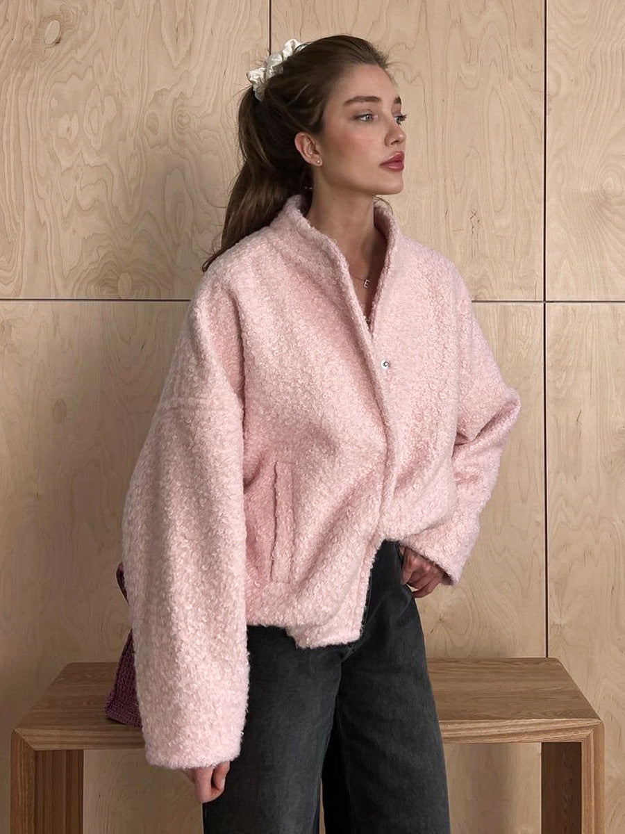 Fashion Stand Collar Pink Short Jacket Coats