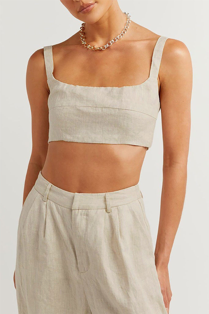Summer Linen Crop Tops and Wide Legs Pants for Women