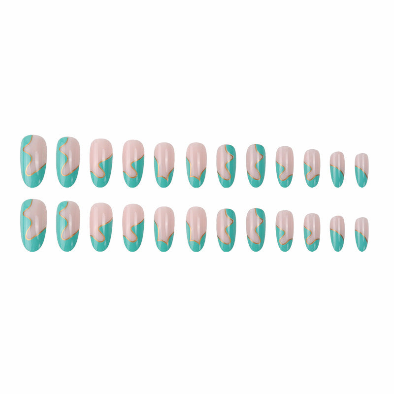 Fashion Mint Green Golden Wavy Line False Nails