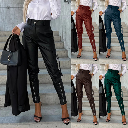 Fashion Pu Leather Slim Waist Women Pants with Pocket