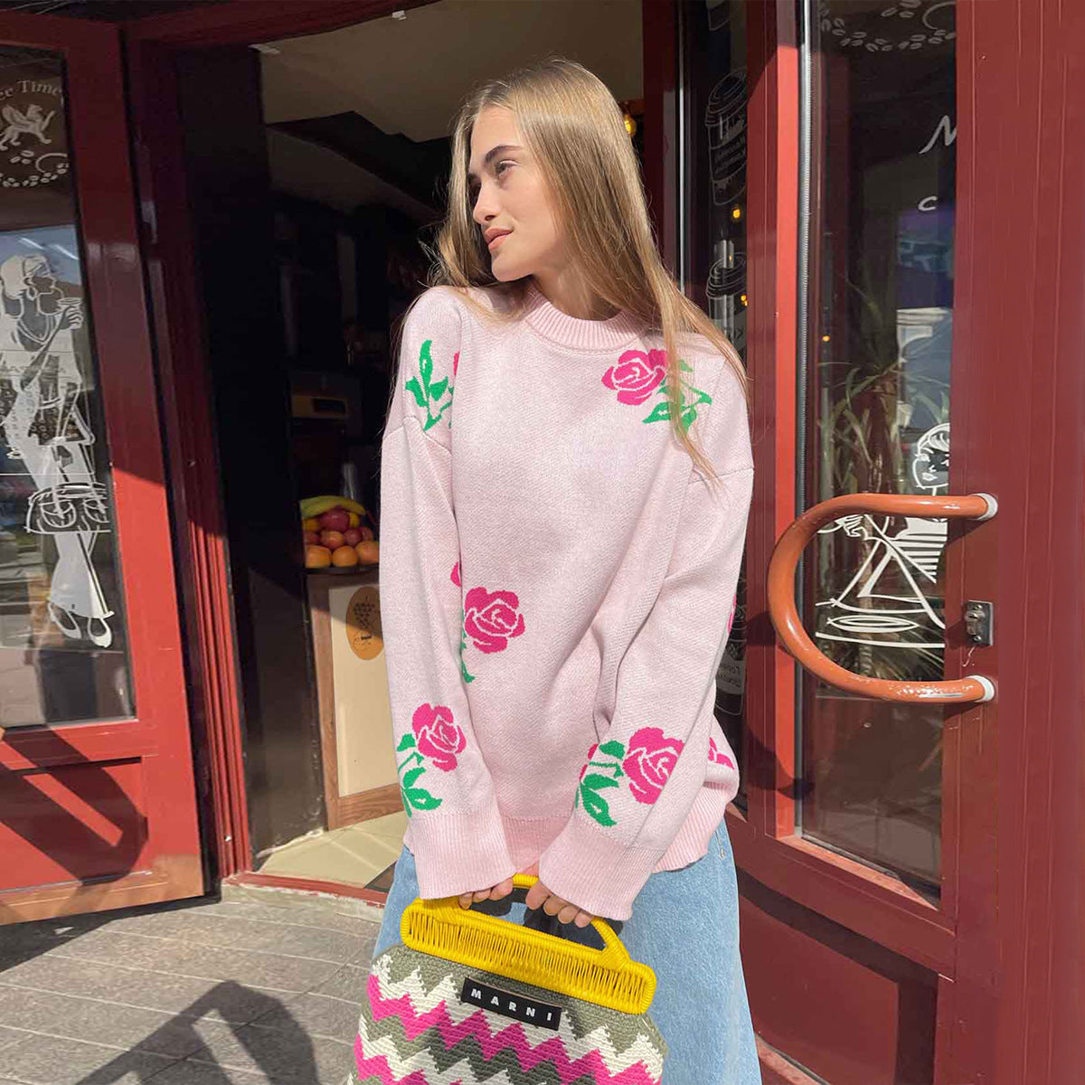 Fashion Rose Flowers Winter Knitted Women Sweaters