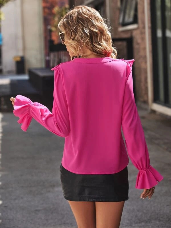 Elegant V Neck Ruffled Long Sleeves Shirts