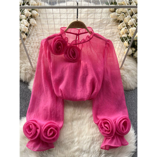 Designed 3D Flowers Chiffon Long Sleeves Shirts