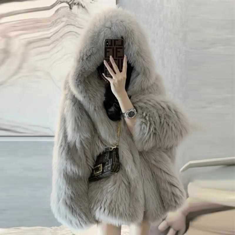 Casual Faux Fox Fur Overcoats for Women