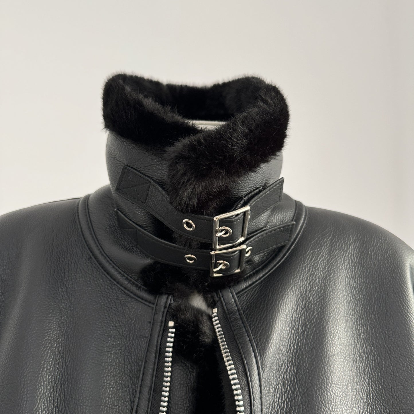 Vintage Stand Collar Leather with Fur Warm Jacket Coats