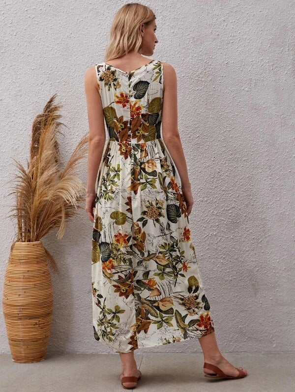 Fashion Floral Print Sleeveless Summer Long Dresses