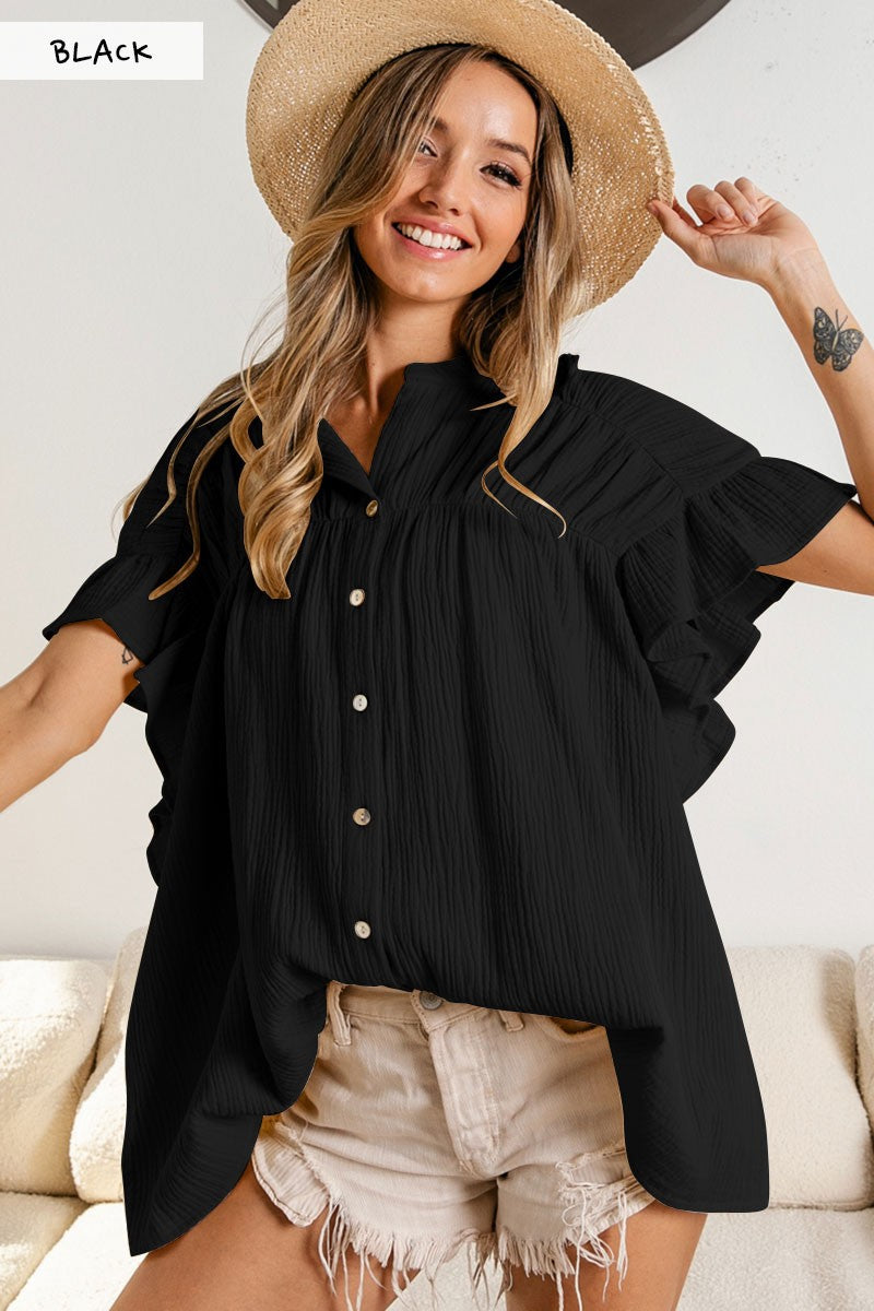 Fashion Stand Collar Ruffled Short Sleeves Shirts