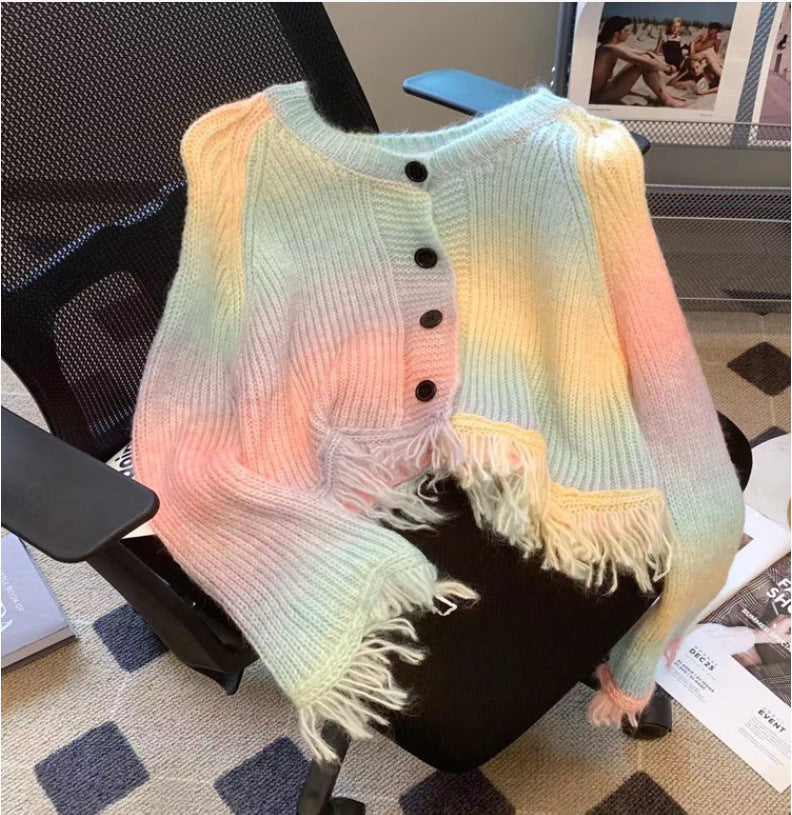 Designed Gradient Color Tassels Long Sleeves Sweaters