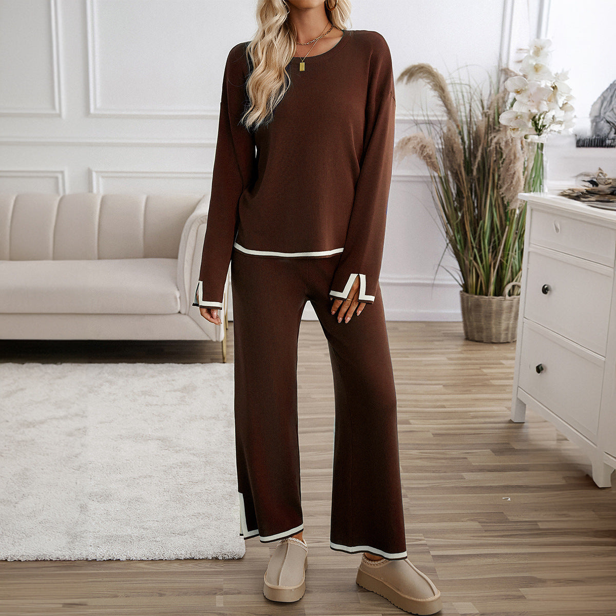 Leisure Solid Two Pieces Women Knitted Sets Tops and Pants