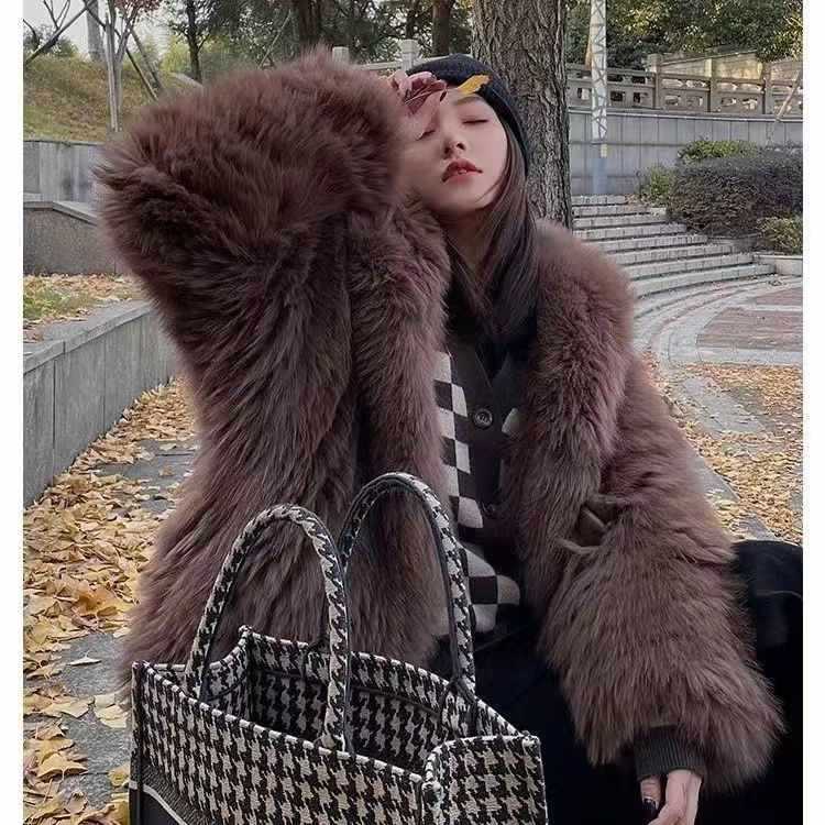 Casual Faux Fox Fur Overcoats for Women