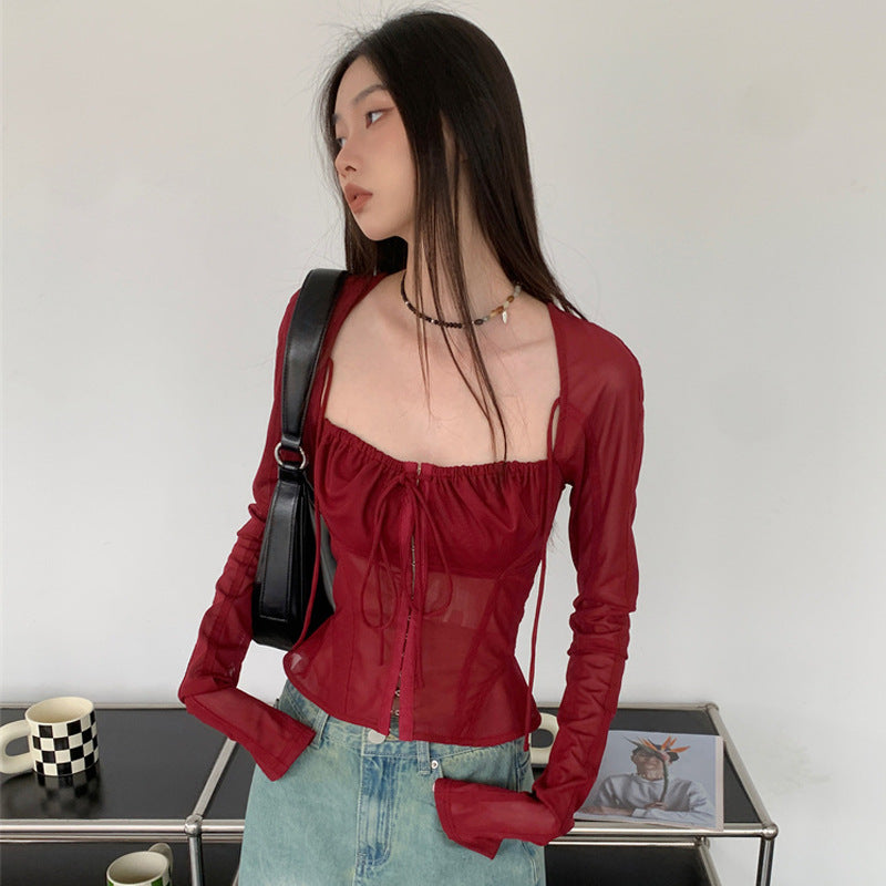 Fashion Square Neckline Tulle Long Sleeves Wine Red Summer Shirts
